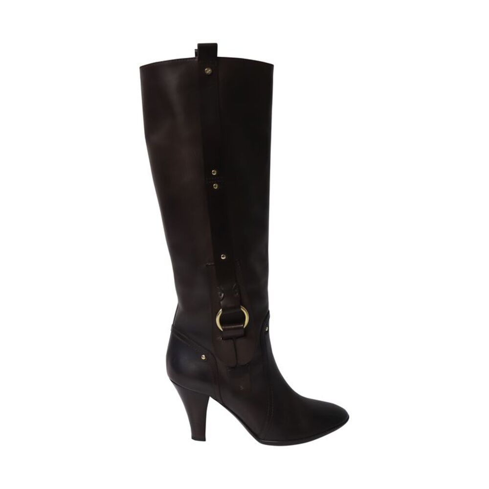Celine High Heeled Boots with Buckle in Brown Calfskin Leather